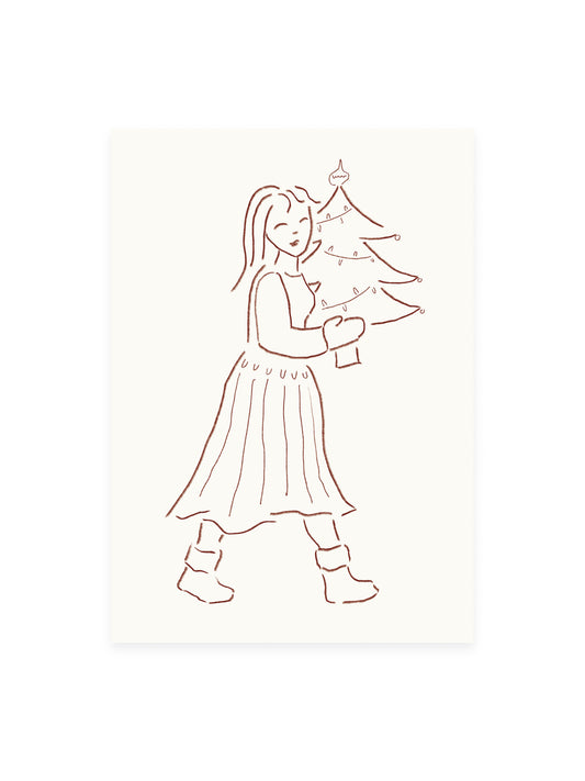 Postkarte Mädchen mit Weihnachtsbaum (Risographie)